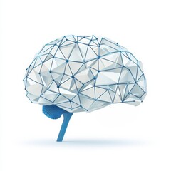 A geometric representation of a brain, showcasing a network of triangular shapes and lines in blue and white, symbolizing knowledge and cognitive function.