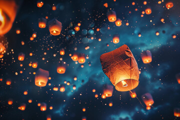 Beautiful holiday composition for happy celebrate chinese festival of lanterns, abstract vivid composition consists of fictional unreal fantastic vision on background