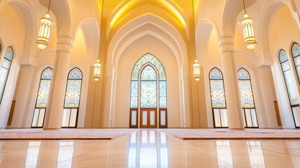 Interior view of a grand mosque showcasing intricate arches, colorful stained glass, and serene ambiance