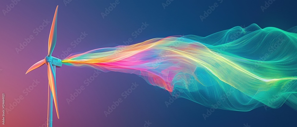 Poster digital rendering of a futuristic wind turbine with colorful energy flow in a vibrant atmosphere