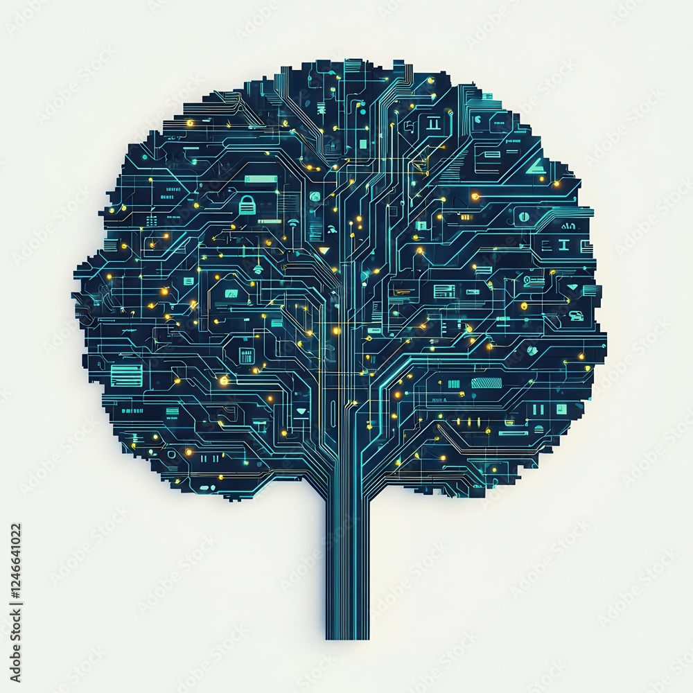 Poster a stylized tree made of circuit patterns, blending nature with technology, symbolizing the fusion of