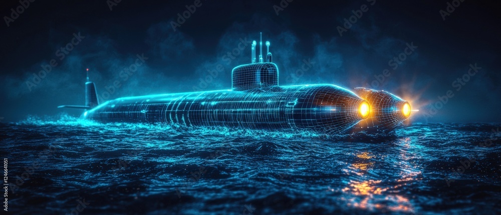 Poster futuristic digital rendering of a neon submarine emerging from dark waters with a glowing effect