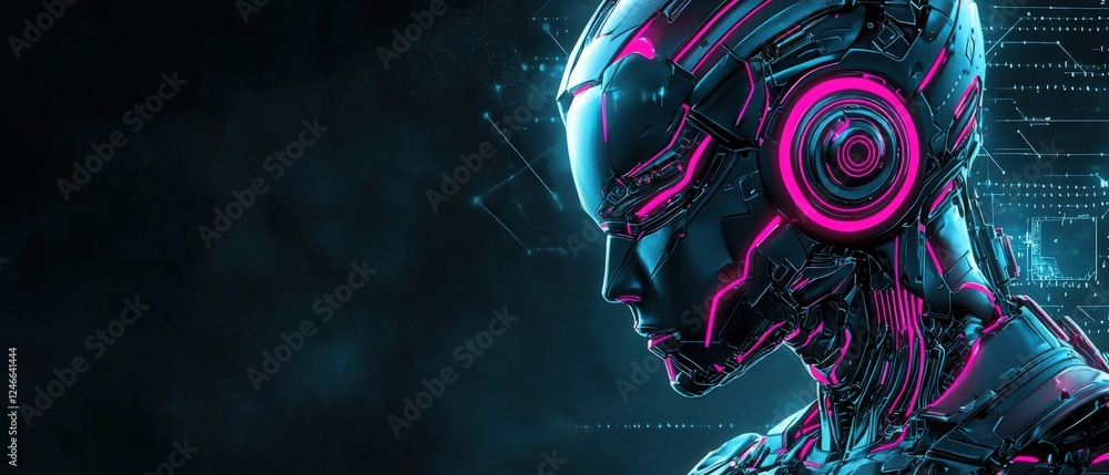 Poster futuristic robot with neon accents and advanced digital rendering technology in a dark background