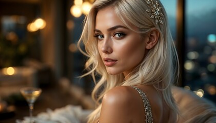 Elegant Portrait of a Blonde Woman with Evening Lights in the Background