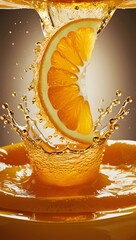 A radiant orange slice crashes into juice, creating a stunning golden splash with shimmering droplets, frozen in time with breathtaking clarity.

