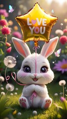 A cute chibi bunny with a star-shaped "LOVE YOU" balloon sits in a dreamy meadow, surrounded by glowing flowers and butterflies.