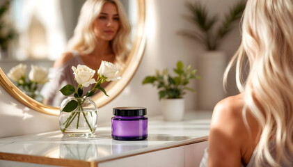 Elegant Reflection with Purple Cream Jar and White Roses on Vanity