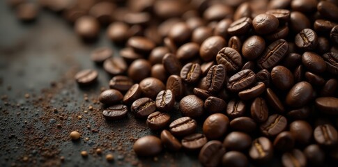 Fototapeta premium Rough, oily surface of dark roasted coffee beans, dark brown, espresso, ingredient