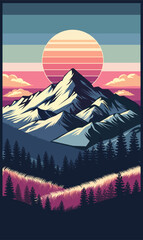 A beautiful panoramic view of a mountain range with a forest in the foreground. The sun in the background
