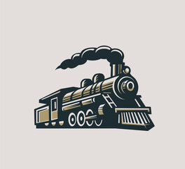 Vector illustration of retro train, vintage emblem on grey background.
