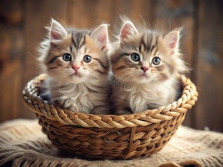 Adorable Kittens in Woven Basket, Cozy Pet Photography