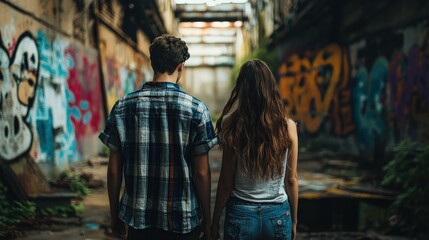 Obraz premium A young couple exploring an abandoned industrial site, with vibrant graffiti adding a modern twist.