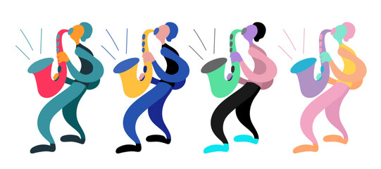 Vector flat illustration with doodle musicians. Saxophonist plays on his saxophone. Bright color trendy design for print, textile, postcard, advertising, music festivals, musical groups