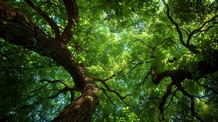 forest trees view from below into the sky. nature green wood