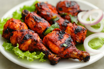 Indian feast with chicken tikka masala tandoori chicken and appetizers. Concept Indian Cuisine, Chicken Tikka Masala, Tandoori Chicken