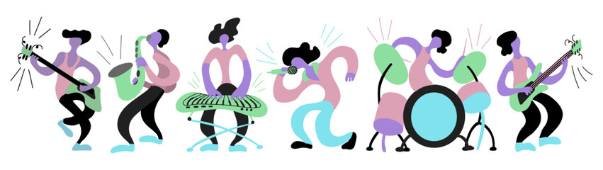 Vector flat illustration with doodle musicians. Music band plays their instruments. Bright color trendy design for print, textile, postcard, advertising, music festivals, musical groups