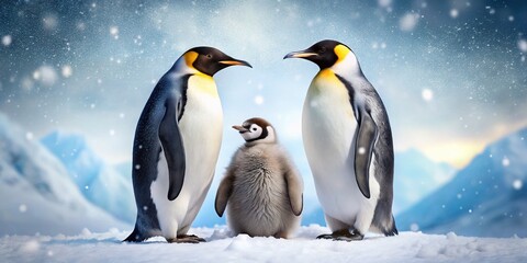 Fototapeta premium Adorable Penguin Family in Antarctic Snowscape: Winter Wildlife Scene