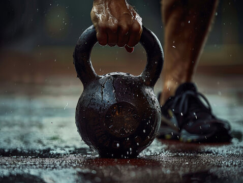 strong grip on kettlebell in rainy workout setting