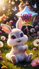 A cute chibi bunny with a star-shaped "LOVE YOU" balloon sits in a dreamy meadow, surrounded by glowing flowers and butterflies.