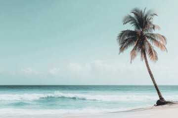 Fototapeta premium Breathtaking tropical beach with coconut palm and turquoise waves under clear skies. Generative AI
