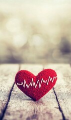 Red felt heart with heartbeat line on rustic wood, blurred background