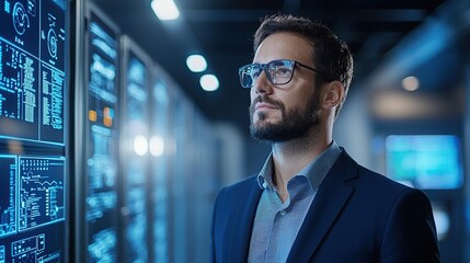 Fototapeta premium A man in glasses stands focused in front of digital screens displaying data and analytics in a modern, tech-oriented environment.