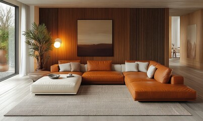 Modern Minimalist Cozy Living Room with Leather Sofa and White Sectional