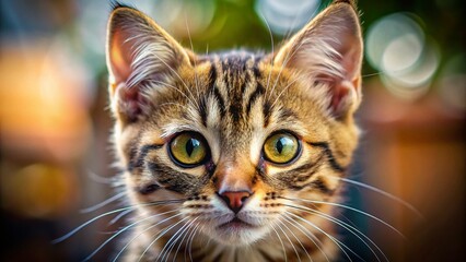 Adorable Tabby Kitten Close-Up: Soft Fur, Big Eyes, Isolated on Blurred Background