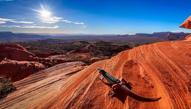 Gila monster climbing over vibrant red sandstone