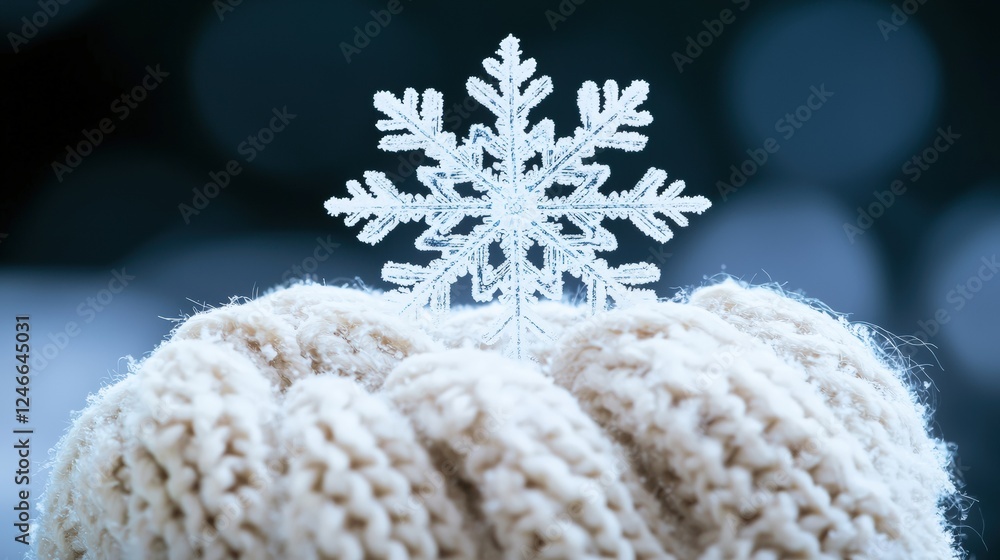 Poster delicate snowflake landing on soft glove in winter wonderland with gentle bokeh effect and cozy fibe