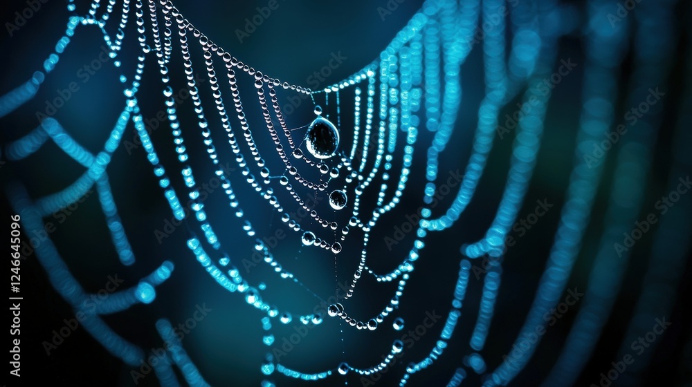Poster close-up of a spider web with dew drops clinging to its silken threads in soft blue light