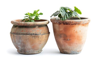 Fototapeta premium Basil plant in a clay pot isolated on a white background.