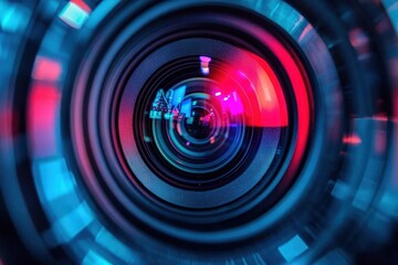 Obraz premium Close-up view of a modern video camera lens showcasing intricate details and vibrant light reflections, emphasizing technology and creativity.