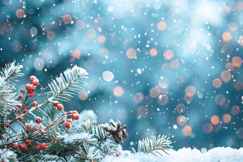 Poster christmas background with fir tree branches and pine cones on snow with bokeh lights