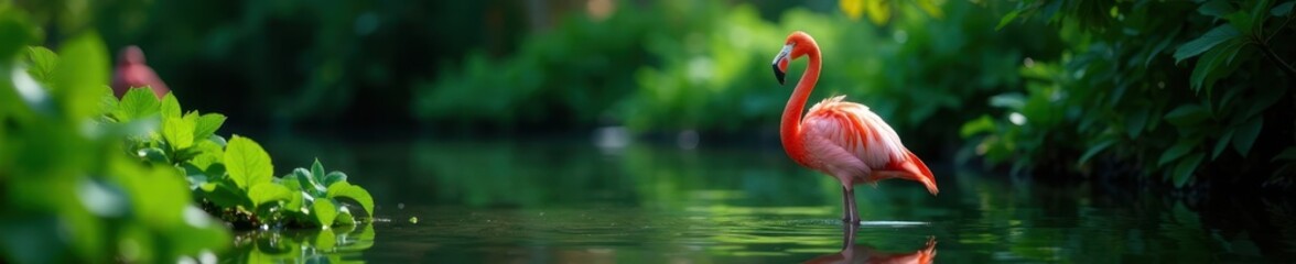 Elegant pink flamingo amidst lush green vegetation, shallow water, birdlife, avian