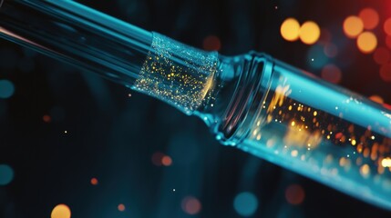 A medium closeup view of a syringe filled with a viscous hydrogel solution ready for injection. The soft consistency is evident as the tip of the syringe glistens capturing a reflection