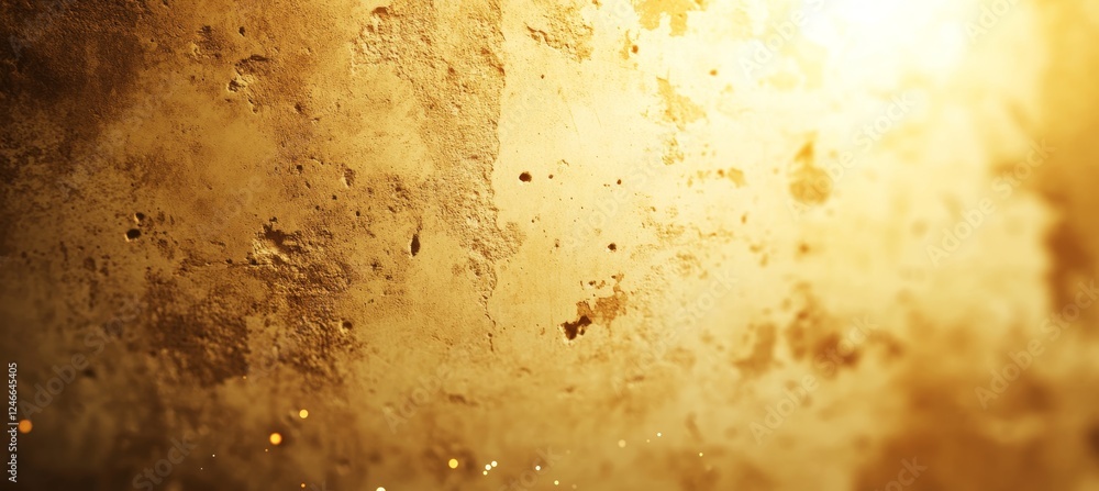 Poster golden textured background, plaster wall with soft bokeh and copy space, abstract design element