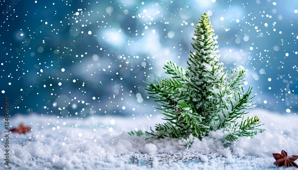 Poster christmas background with fir tree branches and pine cones on snow with bokeh lights