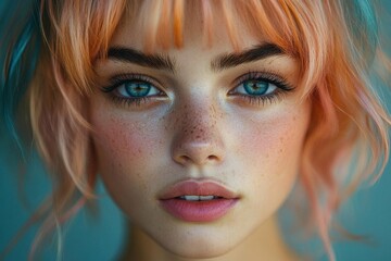Fototapeta premium person with vibrant brightly dyed hair and bold makeup showcasing individuality and confidence captured in a lively urban environment filled with artistic influences