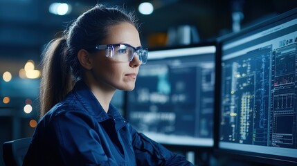 A focused woman in glasses analyzes data on multiple computer screens in a dimly lit environment, showcasing a high-tech work setting.