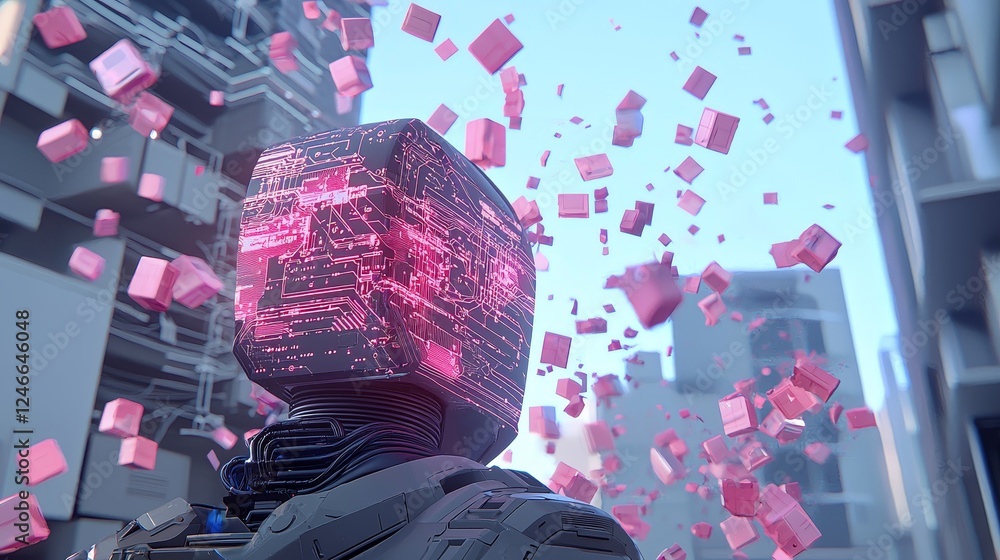Poster a futuristic stock computer head seen from the side, with lines and data glowing