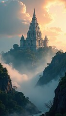 Majestic temple rises from clouds as misty veil lifts, morning, mystical, ancient