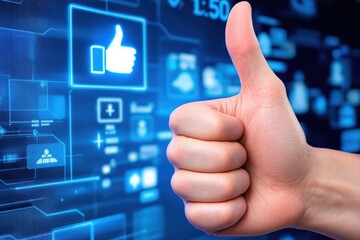 Adult woman giving thumbs up in front of digital interface
