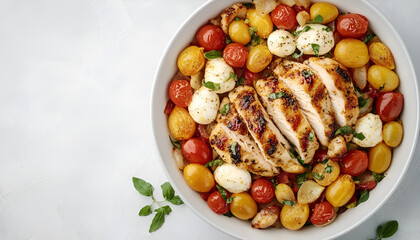 Salad with chicken, mozzarella and cherry tomatoes. Top view