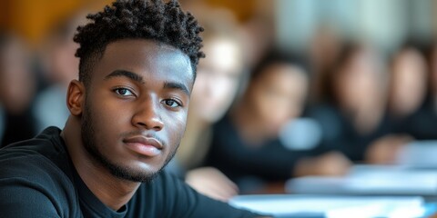 A young male student engages attentively in a classroom, surrounded by classmates who are also focused on their studies. The atmosphere reflects a dedicated learning environment