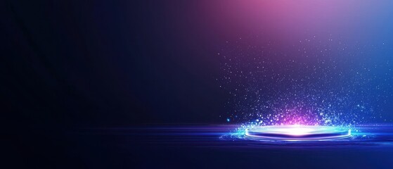 A vibrant, futuristic background with a glowing, diamond-shaped platform and colorful lights radiating upwards, set against a dark backdrop.