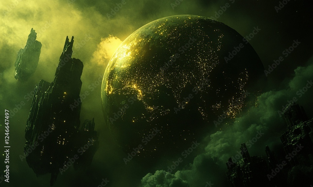 Poster spaceships orbiting a green, illuminated planet amidst nebula clouds