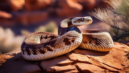 Fototapeta premium a close-up of a rattlesnake coiled on a rocky outcrop, showcasing the intricate patterns 