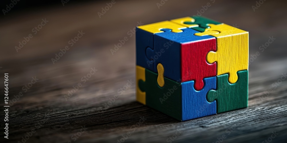 Poster autism spectrum disorder. colorful puzzle cube on a wooden surface, symbolizing problem-solving and 