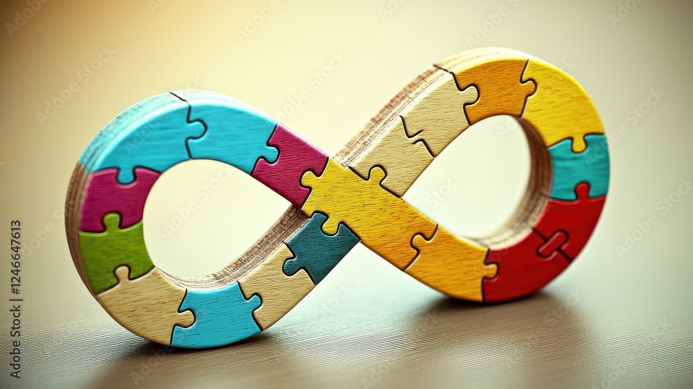 Poster autism spectrum disorder. colorful infinity puzzle piece symbolizes connection and continuity in cre